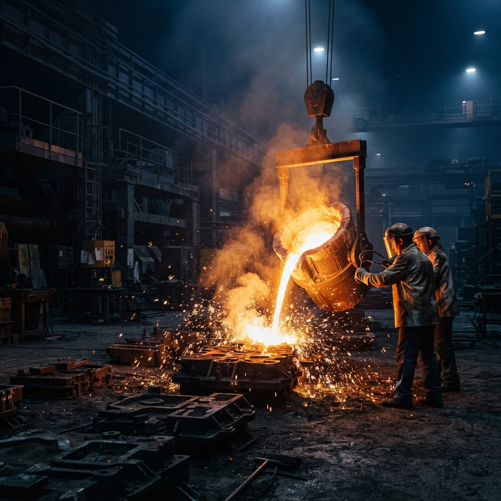 Molten metal being poured inside an industrial foundry